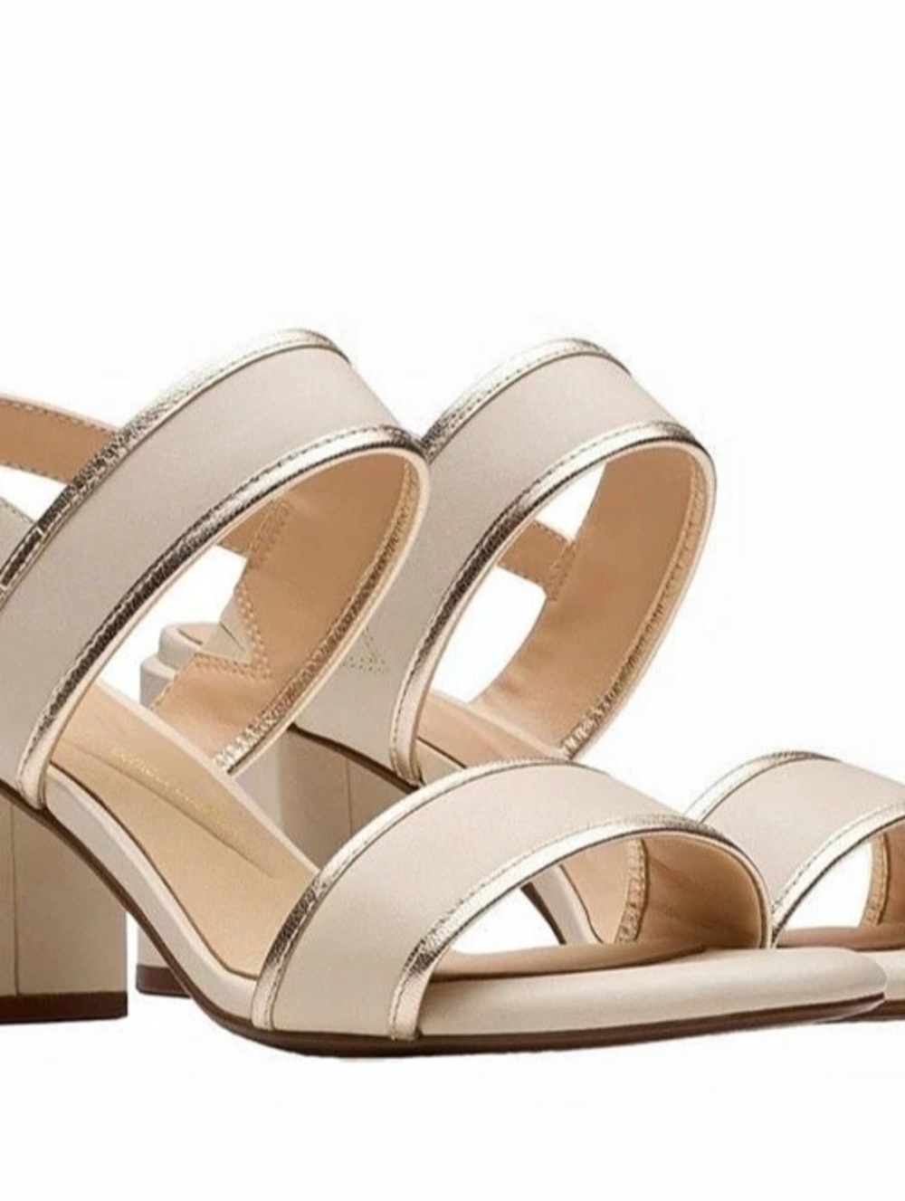 Clarks Ezoria Shine Block Heel Sandals in Cream Gold US 7.5